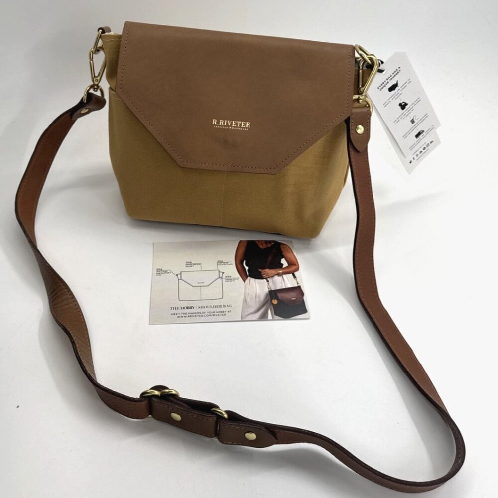 R. Riveter Crossbody Bag Hobby Tan Yellow Canvas Leather Flap Adjustable NEW